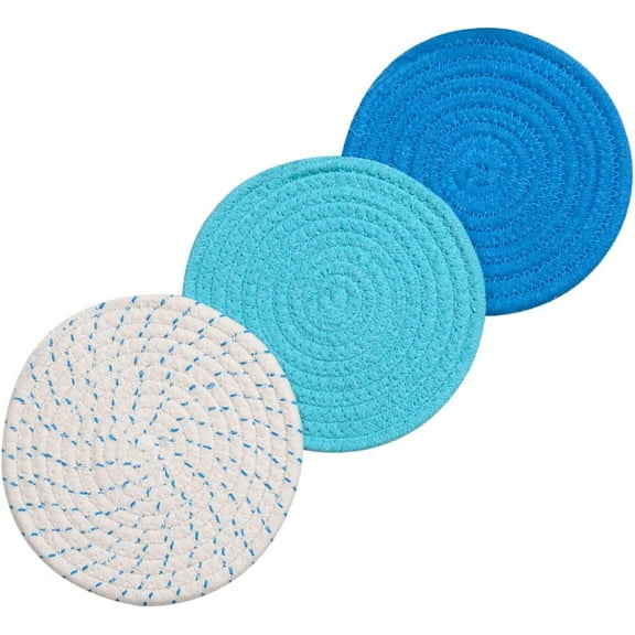 3Pcs Trivets Pot Holders for Kitchen Cotton Thread Weave Heat Resistant Mats Multi-use Hot Pads for Countertops Cooking Potholders Set Coasters (7 Inches, Blue)