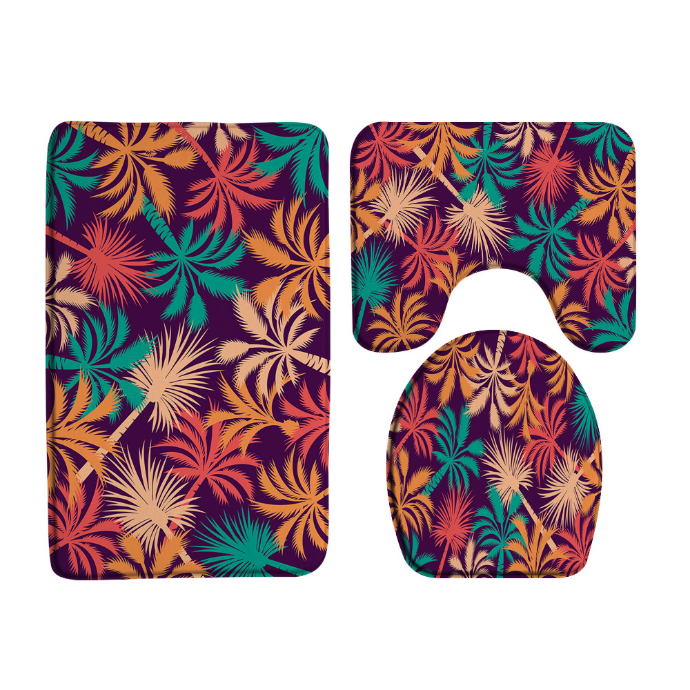 3Pcs Tropical Palm Tree Bathroom Rug Sets Plant Leaves Jungle Bath Mat U Shaped Carpet Toilet