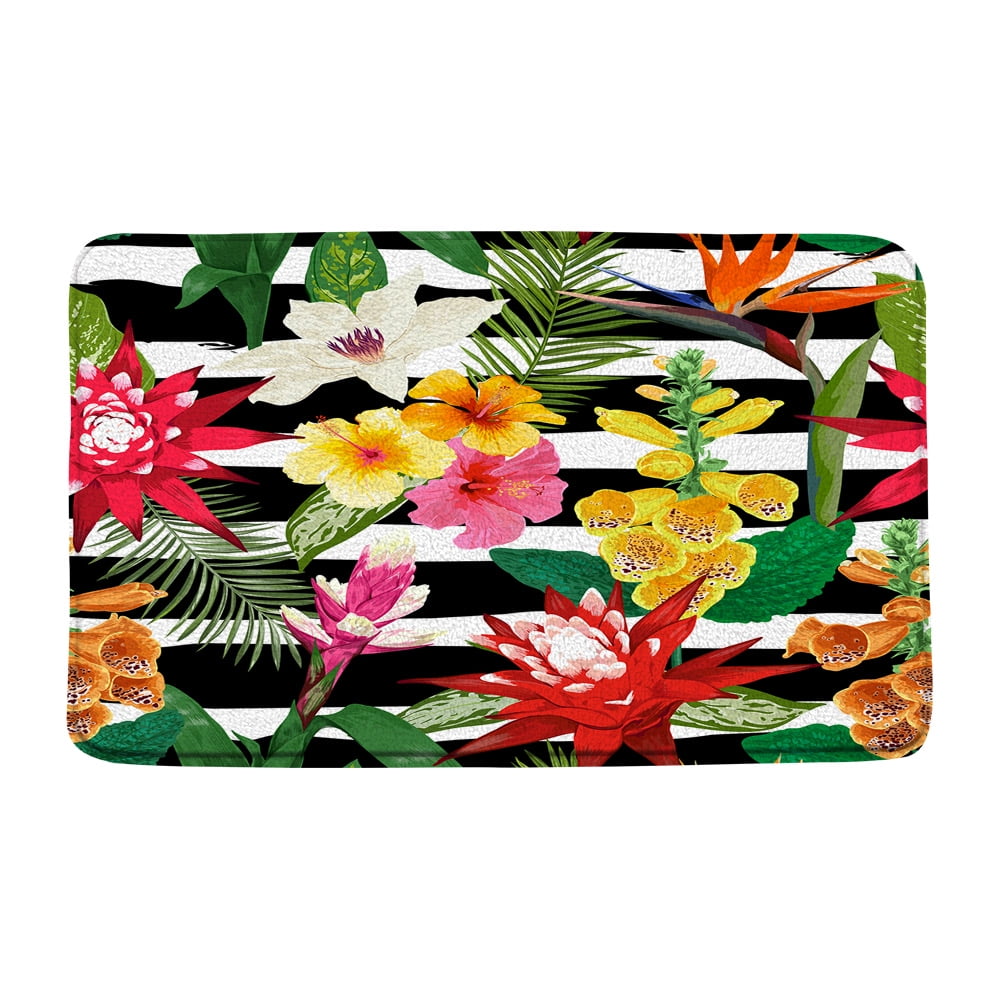 3Pcs Tropical Pink Flower Bath Mat Home Decor Summer Plant Jungle Green