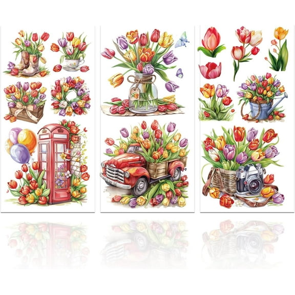 3Pcs Tulip Furniture Transfer 5.9x11.8inch Balloon Vase Flowers Rub on Transfer Self-Adhesive Wall Art Decals for Bedroom Living Room Desk Table Decoration