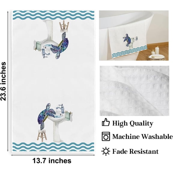 3Pcs Turtle Bathroom Towels 24x14 Inch, Toilet Bowl Bathtub Durable Microfiber Kitchen Towels, Tortoise Waffle Weave Hand Tea Towel for Kitchen Home Bathroom Decor, Sea Turtle Gifts for Women Friend