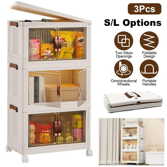 3Pcs Two Ways Opening Storage Bins with Lid and Magnetic Door Foldable Stackable Storage Containers with Wheels Closet Organizers and Storage for Living Room Bedroom L