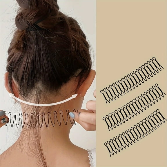 3Pcs U Shape Hair Finishing Fixer Comb, Bobby Bangs Holder Styling Tool Stretchable Hair Pin U Shape Wavy Comb Clips Spring Headband Circle Styling Black Pins Bun Hairpins for Women Girl