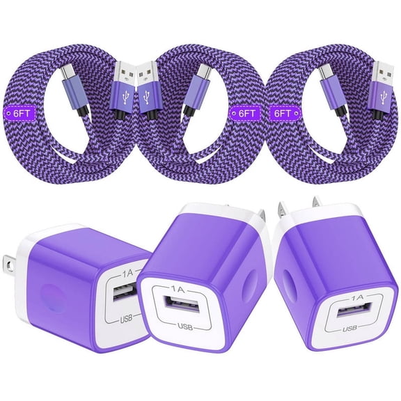 3Pcs USB C Wall Chargers with 3Pcs 6FT Braided USB C Charging Cables Type C Charger Cords, USB C Wall Adapter Compatible with iPhone 17/16/15 Pro Max iPad Pro Galaxy S26 Android, Purple
