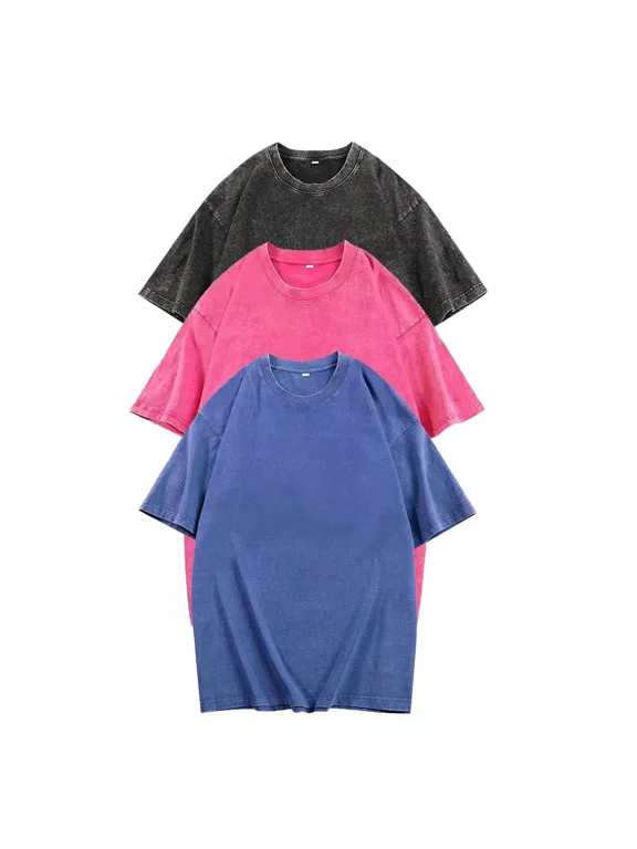 3Pcs Unisex Acid Washed Tshirt Men's Cotton T-Shirts Half Short Sleeves Casual Loose Solid Streetwear Tops,Unisex Retro Street T-Shirts,Loose Fit Womenswear