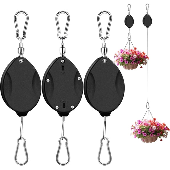 3Pcs Upgraded Heavy Duty Retractable Plant Hanger,Plant Pulleys for Hanging Plants,Easy to Raise and Lower,Auto Lock,Adjustable Hook for Garden Baskets Pots,Birds Feeder and Grow Lights,Black