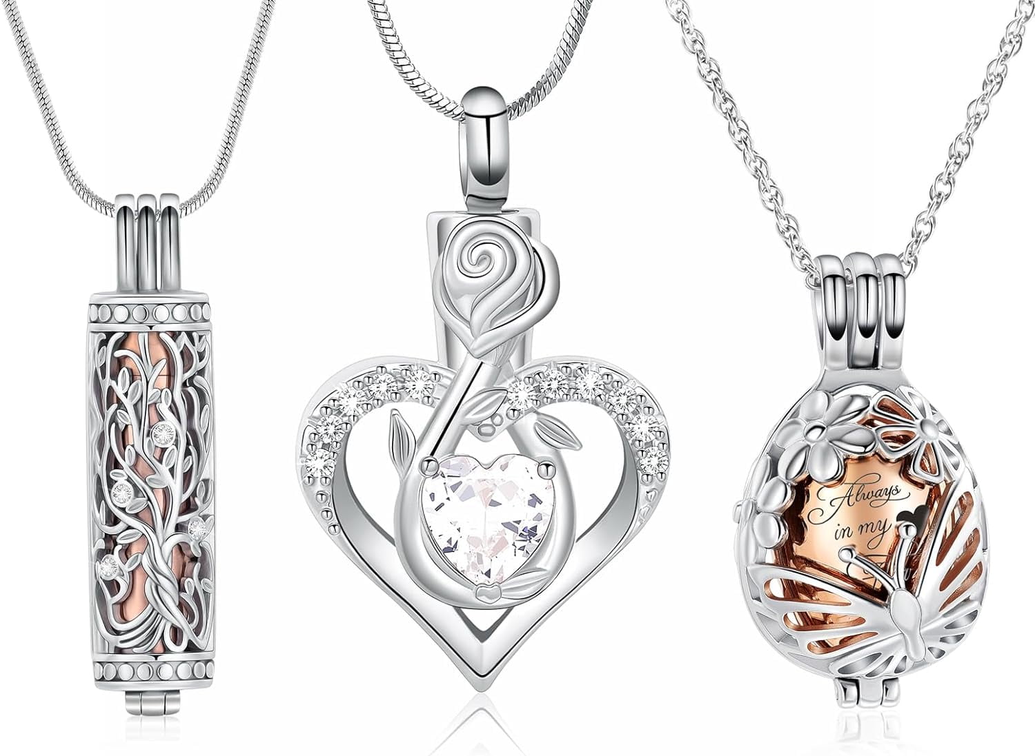 3Pcs Urn Necklace for Ashes for Women Stainless Steel Teardrop Butterfly Tree of Life Hollow Mini Cylinder Keepsake Cremation Memorial Pendant