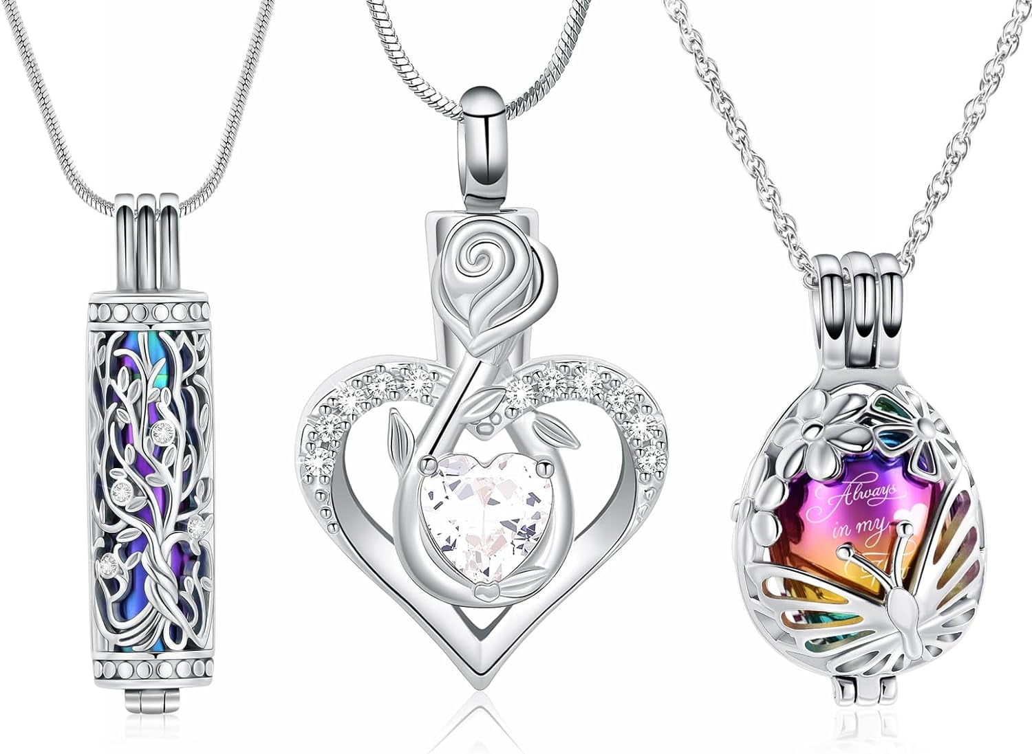 3Pcs Urn Necklace for Ashes for Women Stainless Steel Teardrop Butterfly Tree of Life Hollow Mini Cylinder Keepsake Cremation Memorial Pendant
