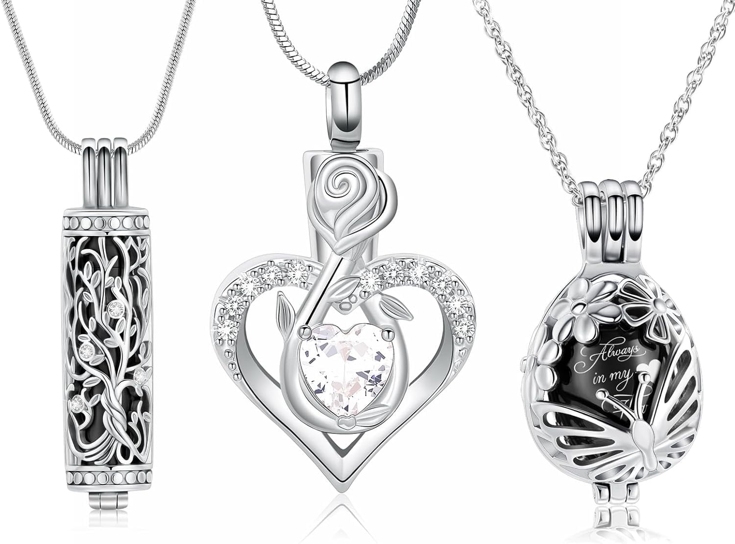 3Pcs Urn Necklace for Ashes for Women Stainless Steel Teardrop Butterfly Tree of Life Hollow Mini Cylinder Keepsake Cremation Memorial Pendant