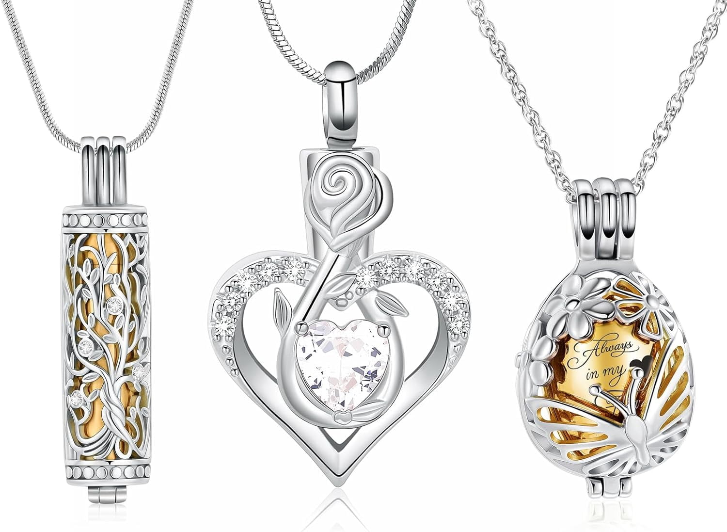 3Pcs Urn Necklace for Ashes for Women Stainless Steel Teardrop Butterfly Tree of Life Hollow Mini Cylinder Keepsake Cremation Memorial Pendant
