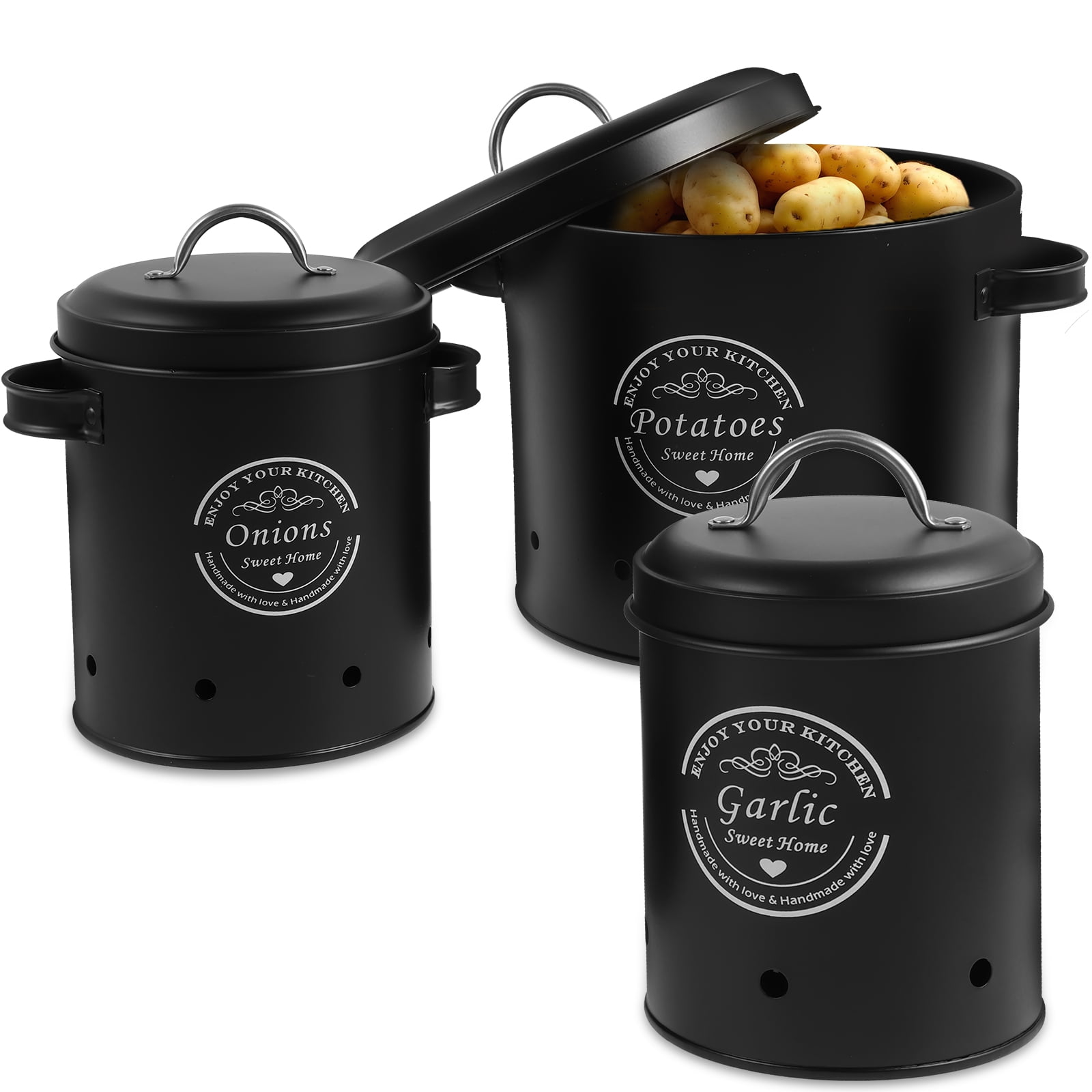 LOVIVER Kitchen Vegetable Storage Tin Potato Onion Garlic Storage Bin With Lid Kitchen Storage Canister For Kitchen Countertop Pantry White Medium