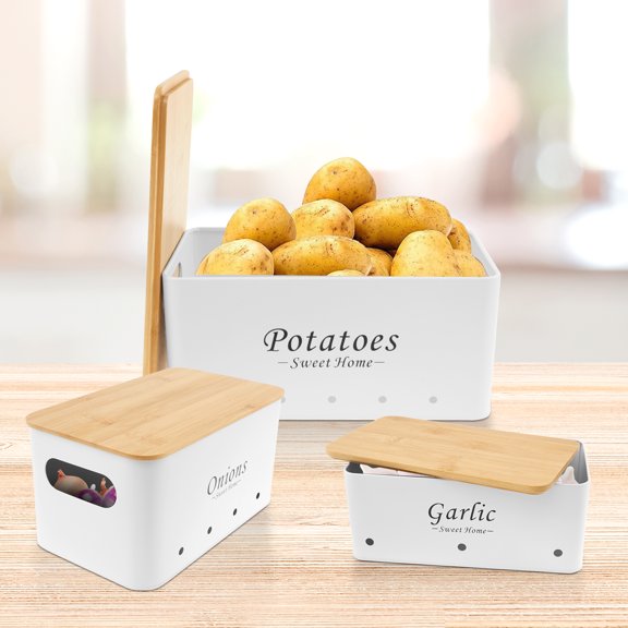 3Pcs Vegetable Storage Tin Potato and Onion Storage Bin with Vent Hole Multipurpose Vegetable Keeper Containers Potato Onion Garlic Jars Storage Canisters for Vegeatables