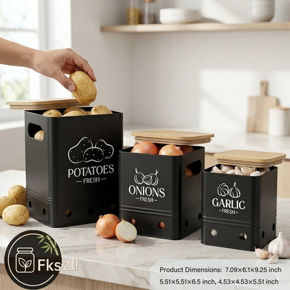 3Pcs Vegetables Storage Jars Metal Potatoes Onions Garlic Canister Set with Bamboo Lids Food Storage Containers for Kitchen Pantry
