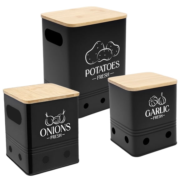 3Pcs Vegetables Storage Jars Metal Potatoes Onions Garlic Canister Set with Bamboo Lids Food Storage Containers for Kitchen Pantry