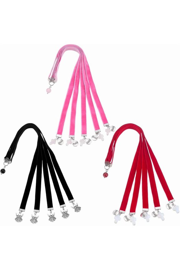 3Pcs Velvet Bookmark with Alloy Pendants and Natural Rose Quartz White Jade Black Stone Mixed Color 350~355mm DIY