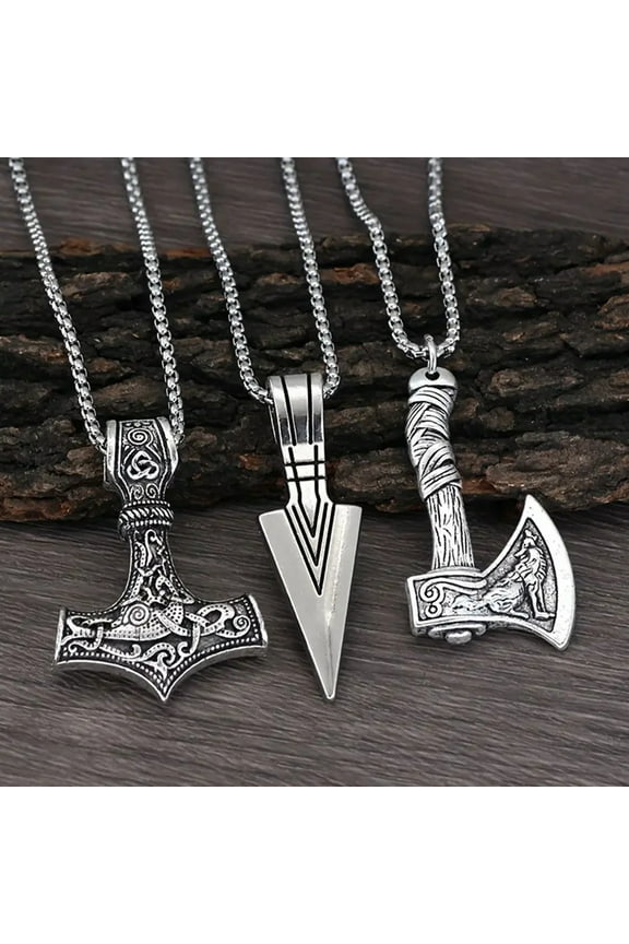 3Pcs Viking Necklace Viking Hammer Spearhead Ax Necklace Nordic Pendant Jewelry Amulet Talisman Gift for Men Women