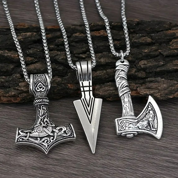 3Pcs Viking Necklace Viking Hammer Spearhead Ax Necklace Nordic Pendant Jewelry Amulet Talisman Gift for Men Women
