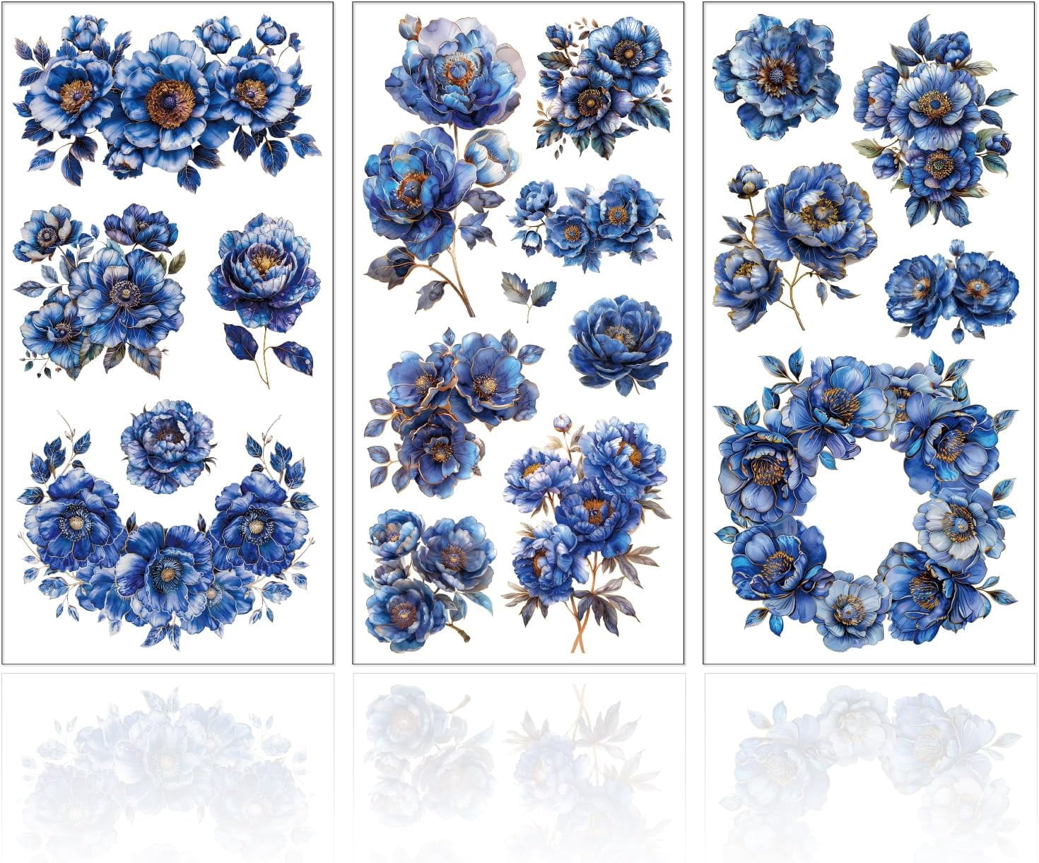 Flower Transfer Stickers 3 Sheets Vintage Blue Flower Transfer Stickers 30x15cm/11.8x5.9inch ...