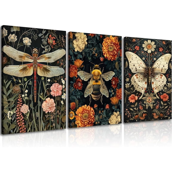 3Pcs Vintage Butterfly Canvas Wall Art Eclectic Butterfly Pictures Wall Decor Maximalist Art Painting Moth And Plant Poster Prints for Bedroom Home Aesthetics Decoration 12X16 Unframed