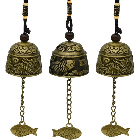 3Pcs Vintage Dragon Bronze Fish Carved Feng Shui Bell - Metal Hanging Temple for Good Luck Bless - DIY Wind Chime for Home Garden Eave Door Decoration