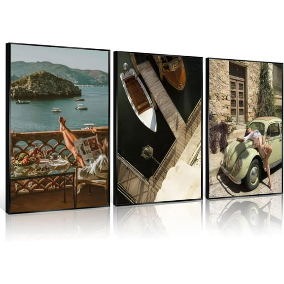 3Pcs Vintage Fashion Canvas Wall Art Trendy Woman Luxury Car Yacht Pictures Wall Decor Summer Travel Posters Prints for Living Room Bedroom Home Decoration Unframed