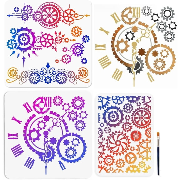 3Pcs Vintage Gear Stencils Mechanical Art Painting Stencil 11.811.8/11.78.3inch Reusable Gear Clock Drawing Template with Paint Brush for DIY handcrafting