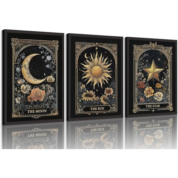 3Pcs Vintage Tarot Celestial Canvas Wall Art Sun Moon Stars Wall Decor Pictures Gothic Dark Aesthetic Flower Posters Prints for Living Room Bedroom Home Decoration