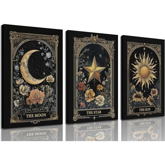 3Pcs Vintage Tarot Celestial Canvas Wall Art Sun Moon Stars Wall Decor Pictures Gothic Dark Aesthetic Flower Posters Prints for Living Room Bedroom Home Decoration