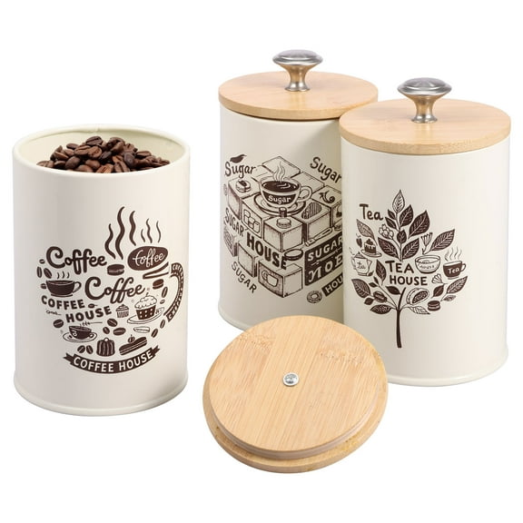 3Pcs Vintage Tea Coffee Sugar Canister Set Metal Coffee Tea Sugar Container Set with Bamboo Lid for Home Countertop Pantry