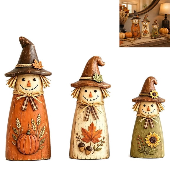 3Pcs Vintage Wooden Scarecrow Fall Decor Set,Vintage Wood Pumpkin Decor,Mantel Home Outdoor Table, Fall Decorations for Home, Autumn Farmhouse Gift