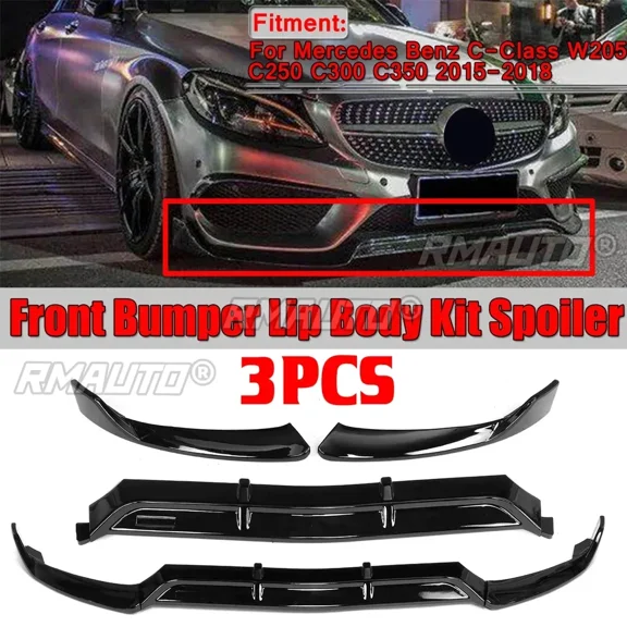3Pcs W205 Car Front Lip Chin Bumper Lip Spoiler Splitters For Mercedes For Benz C-Class W205 C250 C300 C350 2015-2018 Body Kit