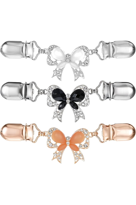 3Pcs Waist Cincher Clip, Metal Bow Vintage Sweater Clips Cardigan Clips Women, Non-Slip Stop Gaping Perfect for Travel & Everyday Wear Vintage Bow Style, Easy to Use Black Silver Gold