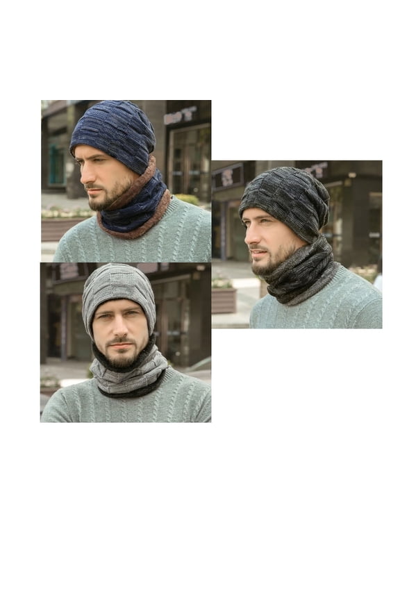 3Pcs Warm Winter Beanie Hat & Scarf Set Stylish Knit Skull Cap for Men Women