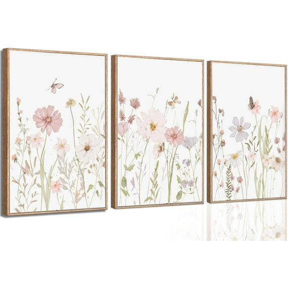 3Pcs Watercolor Wildflower Wall Art Botanical Nursery Canvas Prints Vintage Floral Pictures Flower Paintings Girls Nursery Pictures Pink Wall Decor for Living Room Bedroom d