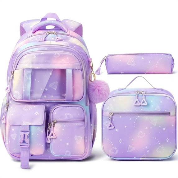 3Pcs Waterproof Backpack Set with Lunch Box & Pencil Pouch - Lightweight Casual Outdoor Daypack Bookbag, Diamond Purple