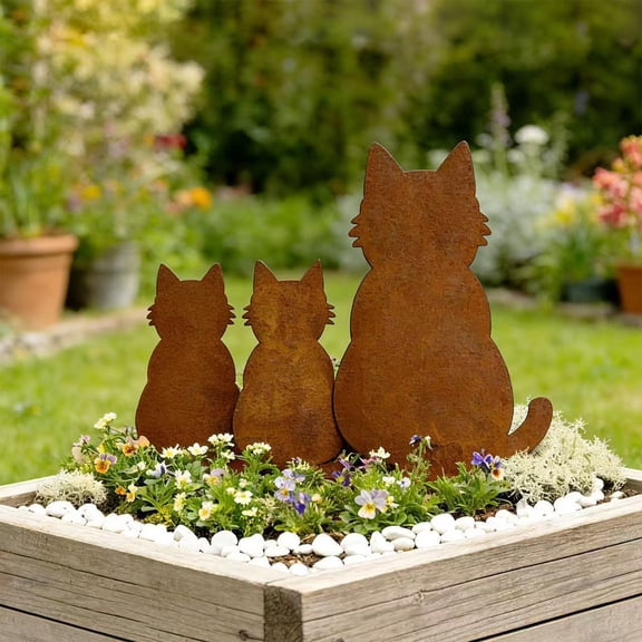 3Pcs Weathered Metal Cat Garden Stakes, Brown Iron Cat Silhouette Yard Art, Rust-Resistant Sturdy Steel, Easy Install Outdoor Decor for Patio Yard Flower Bed Backyard Pet Ornament