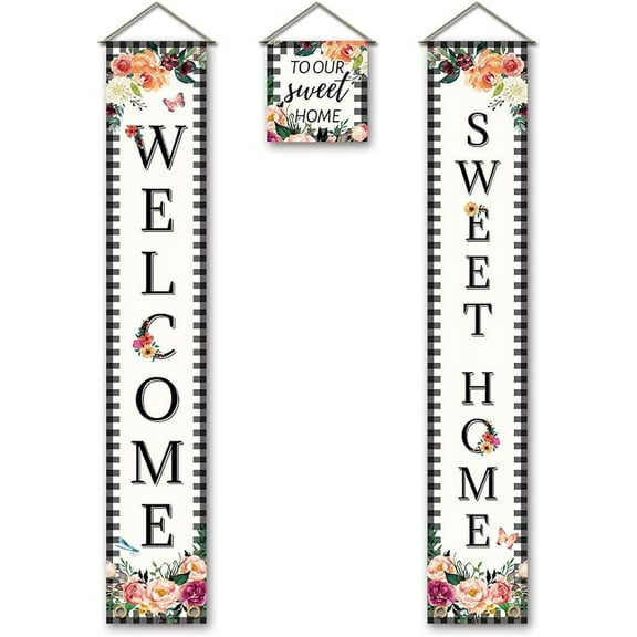 3Pcs Welcome to Our Sweet Home Porch Banner Roses Hanging Banner Door Hanging Flower Banner Hanging Decorations Welcome Couplet Sign Set for Home Front Door Porch Decor