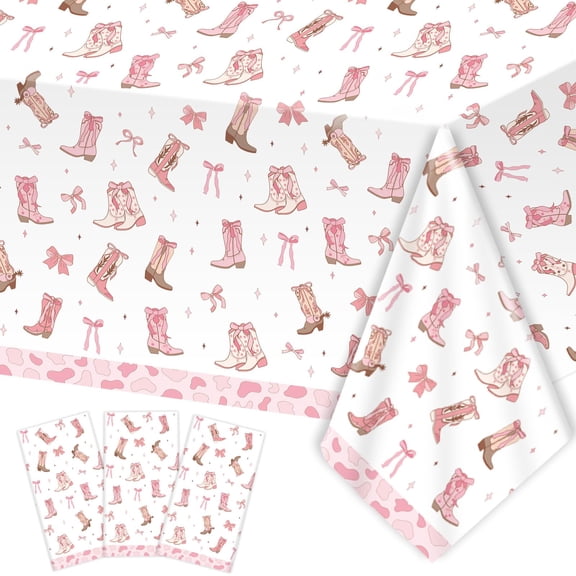 3Pcs Western Cowgirl Tablecloth Coquette Bow Cowgirl Party Pink Bows Boots Disposable Table Covers Western Rodeo Theme Party Plastic Table Cloths for Bachelorette Baby Shower Birthday Decor A101