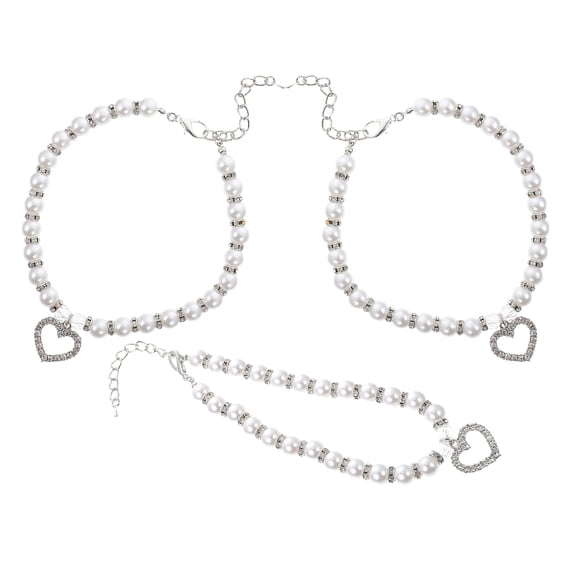 3Pcs White Beaded Dog Collar with Rhinestone Heart Charm for Small Dogs and Cats