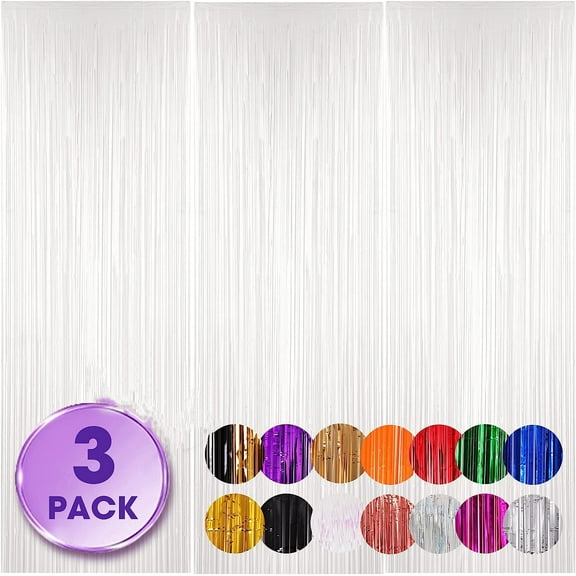 3Pcs White Metallic Tinsel Foil Fringe Curtains,3.28ft x 8 ft White Photo Booth Backdrop Streamer,Photo Booth Props,for Party Door Wall Curtains Bachelorette Birthday, Christmas,New Year Decorations