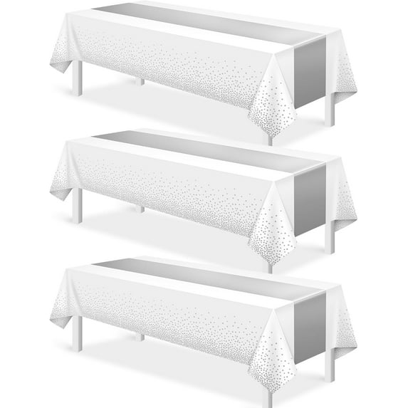 3Pcs White and Silver Tablecloth Party Decorations,Plastic White Table Cloth Printed Silver Table Runner Disposable Rectangle Table Cover for Birthday Wedding Anniversary Graduation Party,54 x108 Inch