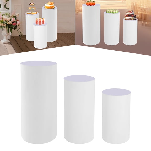 3Pcs White Cylinder Pedestal Stand Set, PVC Acrylic Round Display Plinths for Wedding Cake Party Shop Window Decor