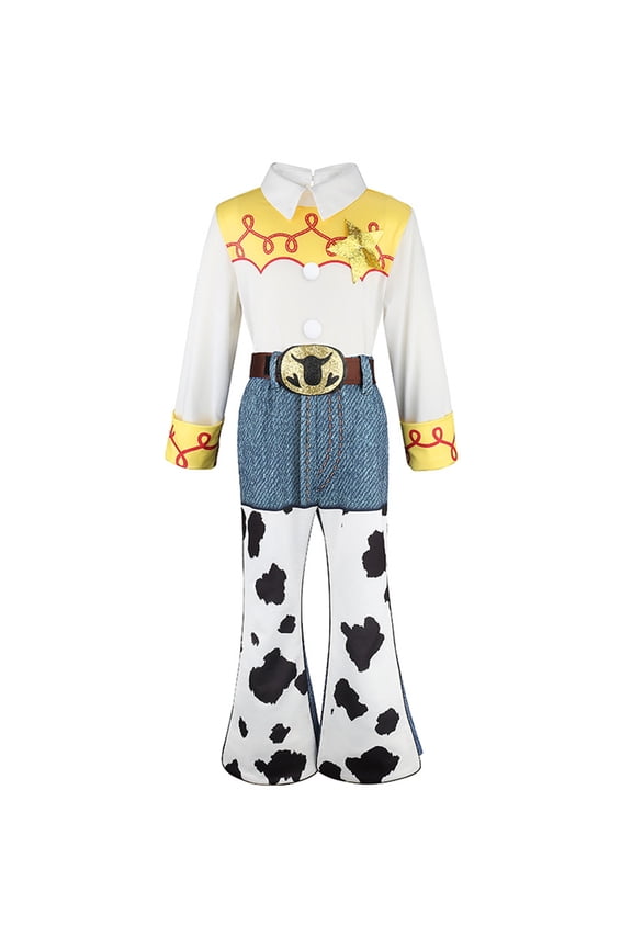 3Pcs White Yoke Cowboy Set, Cowboy Flare Pant Outfit, Cow Print Western Suit, Cowgirl Jessie Cosplay Shirt Pants Hat Jessie Button Down Long Sleeve Shirt for Halloween Costume-Top+Pants+Belt, 90