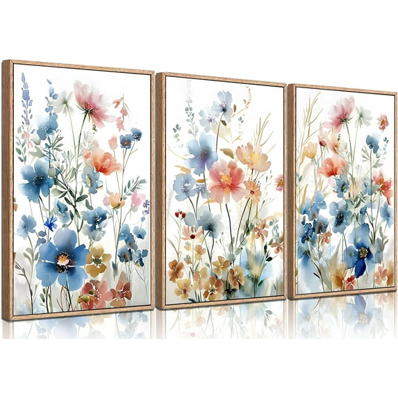 3Pcs Wildflower watercolor Bouquet Canvas Wall Art Nursery Colorful Botanical Floral Wall Decor Pictures Boho Blue Flower Posters Prints for Corridor Living Room Classroom Bedroom Decoration