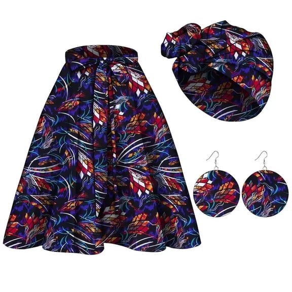 3Pcs Women African Dashiki Cotton Skirt Traditional Costume African Bohemian Head Wrap Scarf Drop Dangle Earring