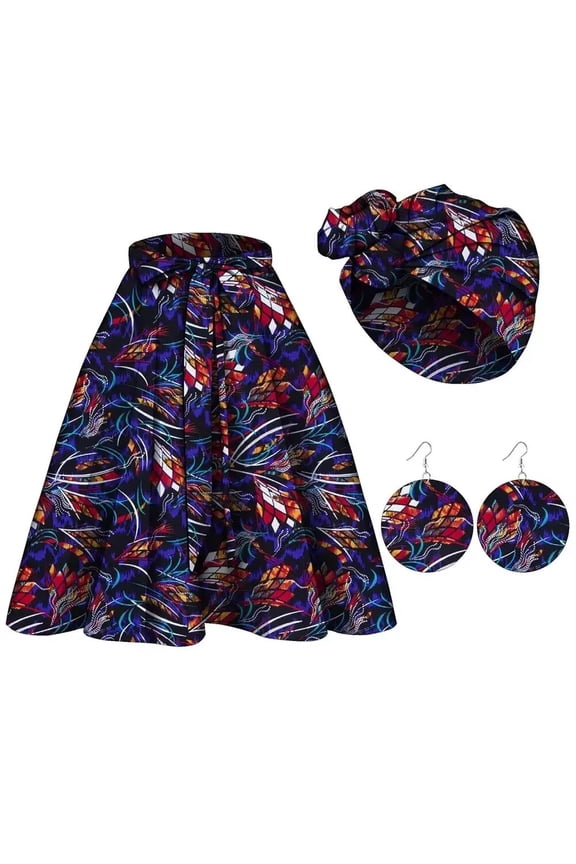 3Pcs Women African Dashiki Cotton Skirt Traditional Costume African Bohemian Head Wrap Scarf Drop Dangle Earring