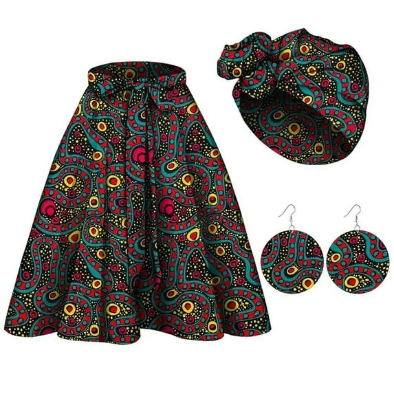 3Pcs Women African Dashiki Cotton Skirt Traditional Costume African Bohemian Head Wrap Scarf Drop Dangle Earring