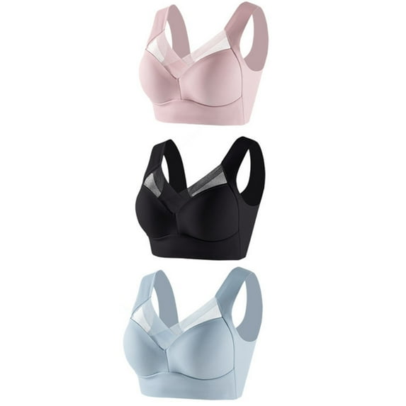 3Pcs Women's Bra V-Neck Lace Fixed Cup Wide Shoulder Push-Up Bra