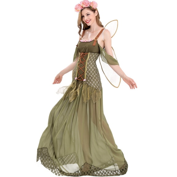 3Pcs Women's Elf Medieval Dress, Green Fairy Costume, Halloween Butterfly Fairy Dress With Wings