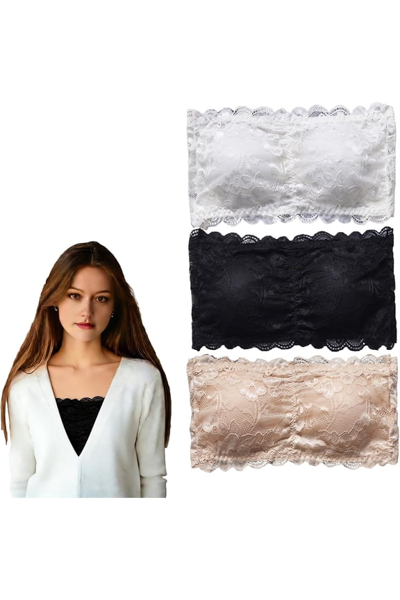 3Pcs Women's Floral Lace Tube Top Bandeau Strapless Bras Seamless Stretchy Chest Wrap Padded Bralette